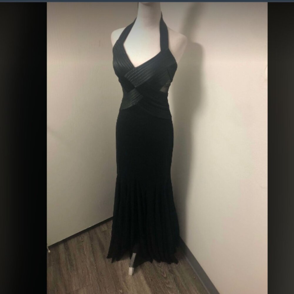 Vintage 2000s Cache Banded Criss Cross Halter Cascade Dress